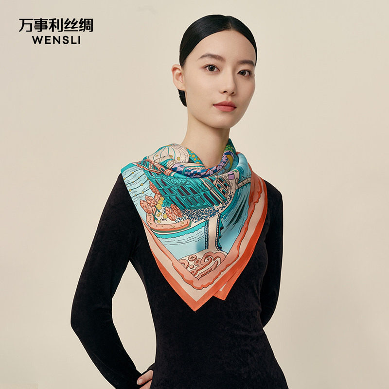【印象巴黎系列】万事利100%桑蚕丝丝巾领巾女真丝大方巾薄荷梦宴