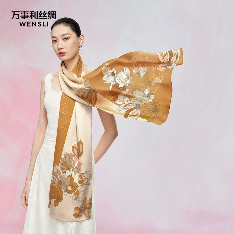 万事利真丝丝巾女桑蚕丝长巾披肩外搭仿刺绣缎面女友闺蜜生日礼物