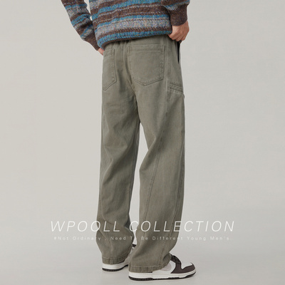 美式解构设计绿色全棉工装裤男秋季新款潮牌宽松直筒伐木休闲裤男