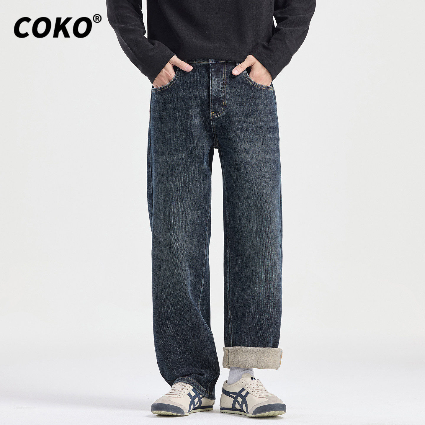COKO冬季重磅复合加绒牛仔裤男士宽松弹力直筒加厚保暖锁温长裤子