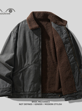 山系复古机车重磅羊羔绒加厚工装棉服男士棉衣冬季保暖加绒外套男