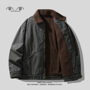 山系复古机车重磅羊羔绒加厚工装棉服男士棉衣冬季保暖加绒外套男