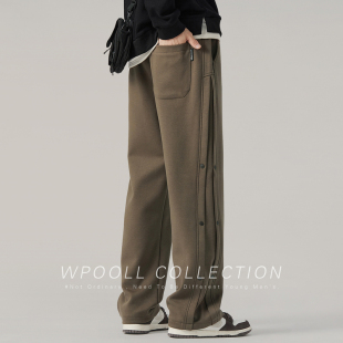 美式高街秋冬重磅直筒运动卫裤男士潮流百搭假排扣宽松加绒长裤子