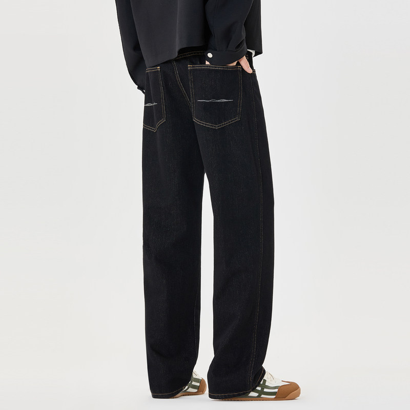 NINPURE 加绒加厚黑色丹宁阔感直筒牛仔裤男潮牌水洗宽松百搭长裤