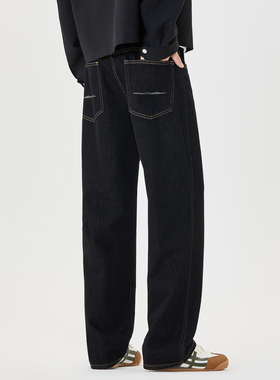 NINPURE 加绒加厚黑色丹宁阔感直筒牛仔裤男潮牌水洗宽松百搭长裤