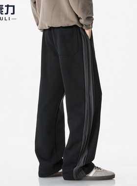 慵懒风直筒卫裤男士宽松抽绳松紧腰黑色运动裤ins秋季复古休闲裤