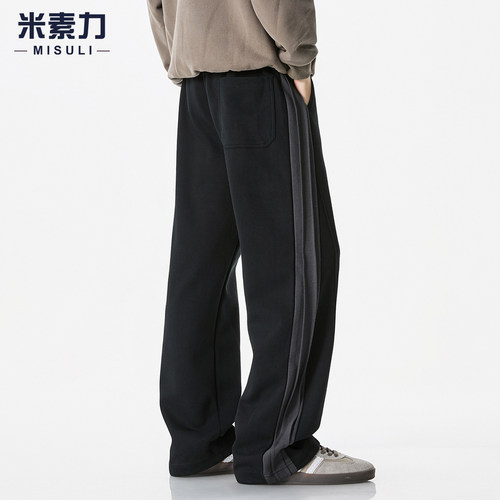 慵懒风直筒卫裤男士宽松抽绳松紧腰黑色运动裤ins秋季复古休闲裤