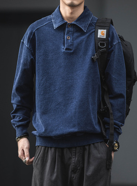 美式复古水洗做旧牛仔polo领卫衣男宽松休闲厚实百搭上衣潮牌痞帅