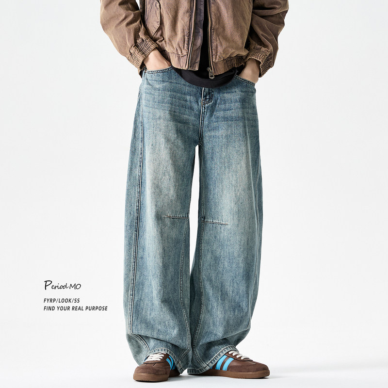 FYRP墨默美式复古阔腿弯刀牛仔裤男潮牌2025新款宽松直筒休闲长裤
