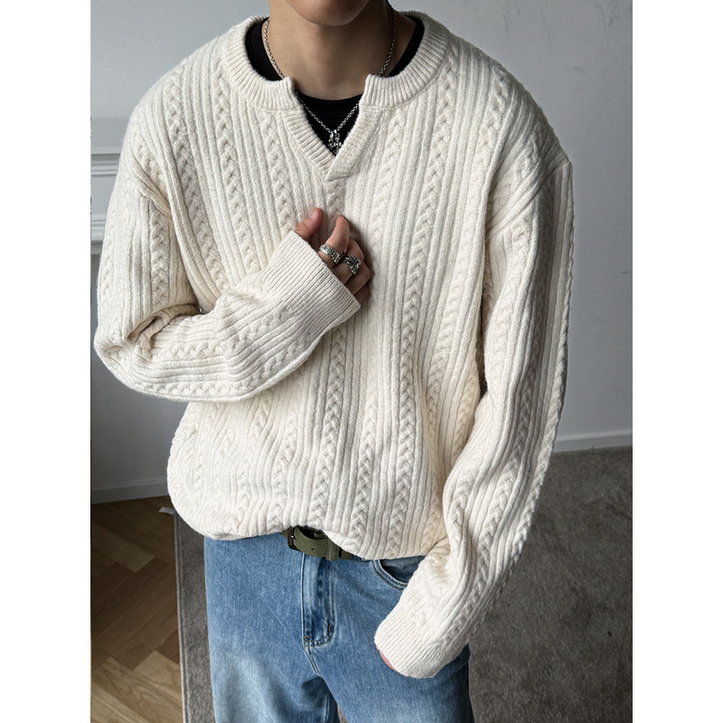 MANCHER 800G重磅羊毛混纺小V领毛衣男秋冬麻花编织宽松针织外套