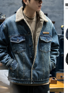 冬季翻领仿羊羔绒棉衣外套男2025新款加厚保暖工装牛仔夹克棉服潮