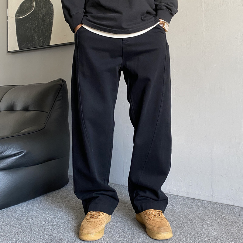 春秋季美式休闲痞帅重磅黑色工装裤男直筒宽松百搭纯棉阔腿裤子潮