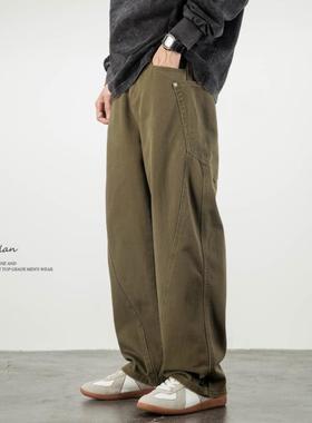 加绒牛仔裤男宽松直筒垂感阔腿裤子美式潮牌休闲弯刀裤秋冬款痞帅