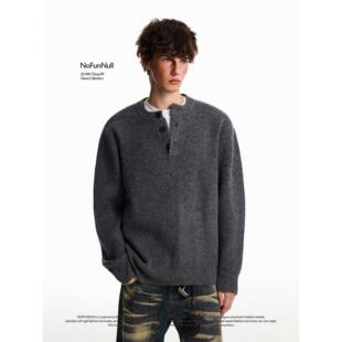 NOFUNNULL 美式亨利领纽扣套头毛衣男秋冬宽松休闲圆领针织衫上衣