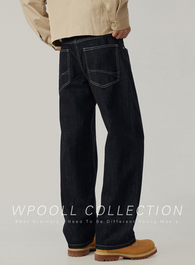 美式复古水洗原色加绒牛仔裤男士秋冬季潮牌黑色宽松直筒休闲长裤