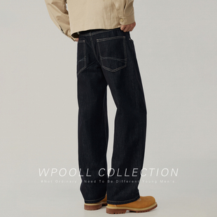 美式复古水洗原色加绒牛仔裤男士秋冬季潮牌黑色宽松直筒休闲长裤