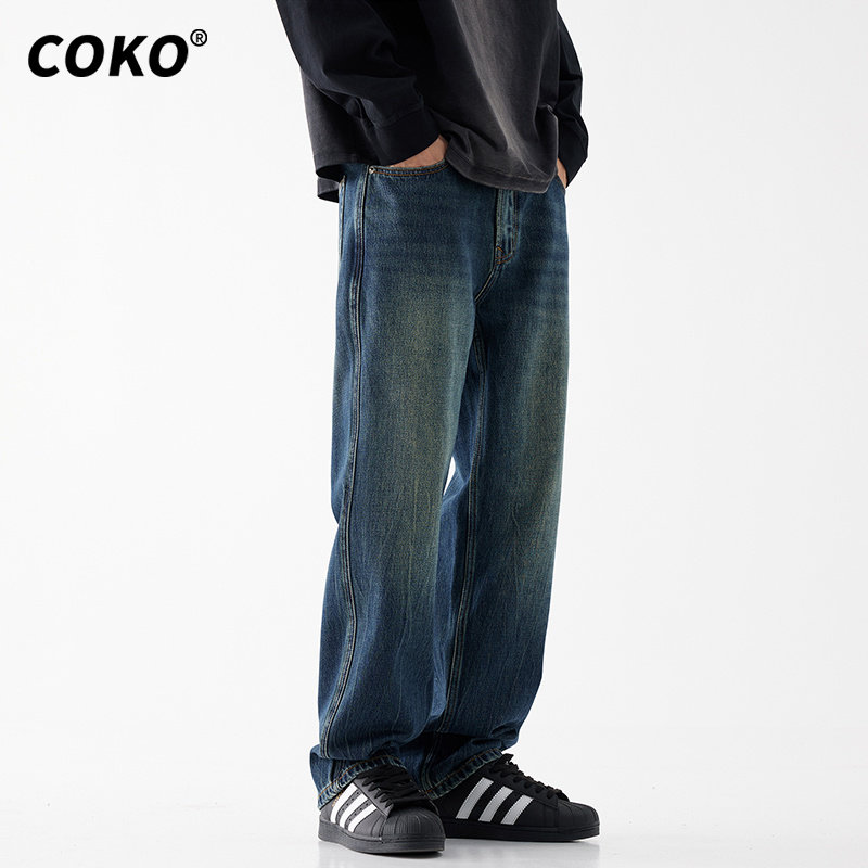秋季蓝色水洗直筒牛仔裤男宽松直筒秋冬新款纯棉潮流百搭休闲裤子