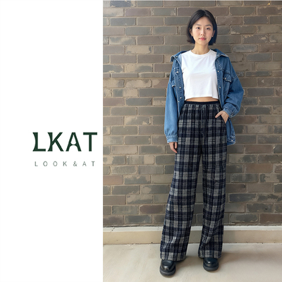 LKAT251010松紧腰抽绳显高格子阔腿裤直筒裤休闲裤