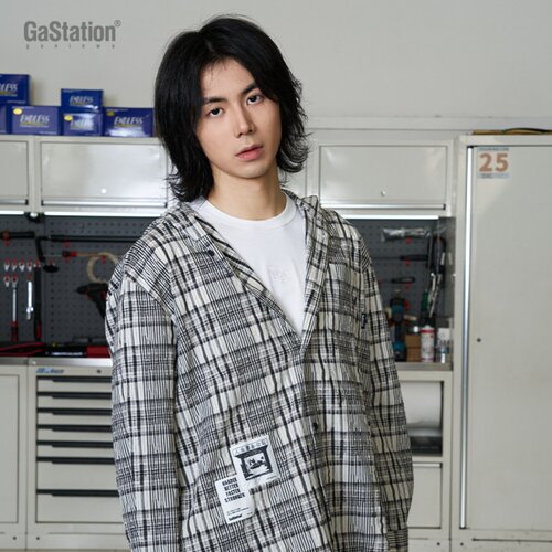 Gastation贴布连帽格仔衬衫