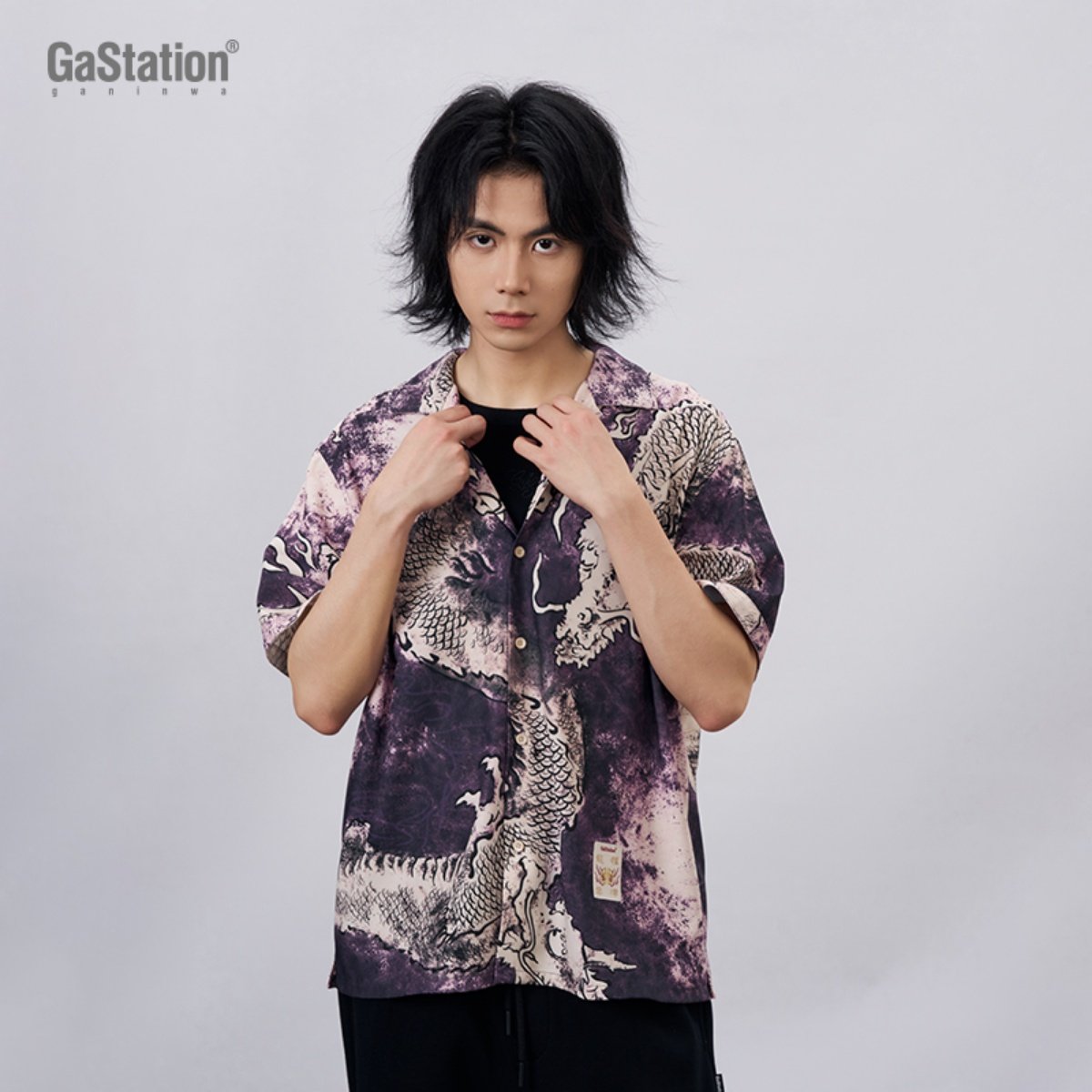 Gastation入云龙衬衫 古巴领热转移印群龙图案顺滑垂感