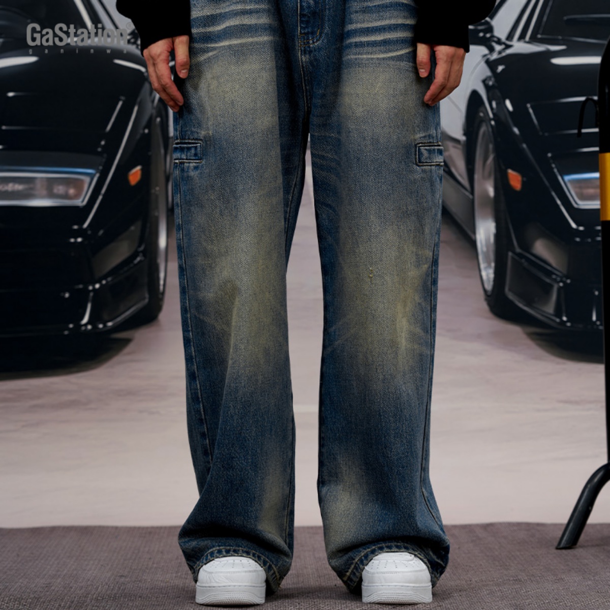 Gastation复古直筒牛仔裤 口袋趣味绣花水洗纹理质挺阔有型耐磨