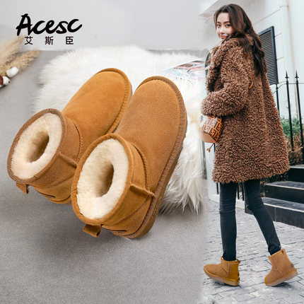 真皮雪地靴女冬季加绒加厚靴子保暖棉鞋雪地棉防滑灰色男女同款