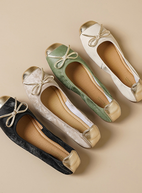 Acesc/艾斯臣2025新款春季单鞋女一脚蹬圆头浅口拼色复古国风平底