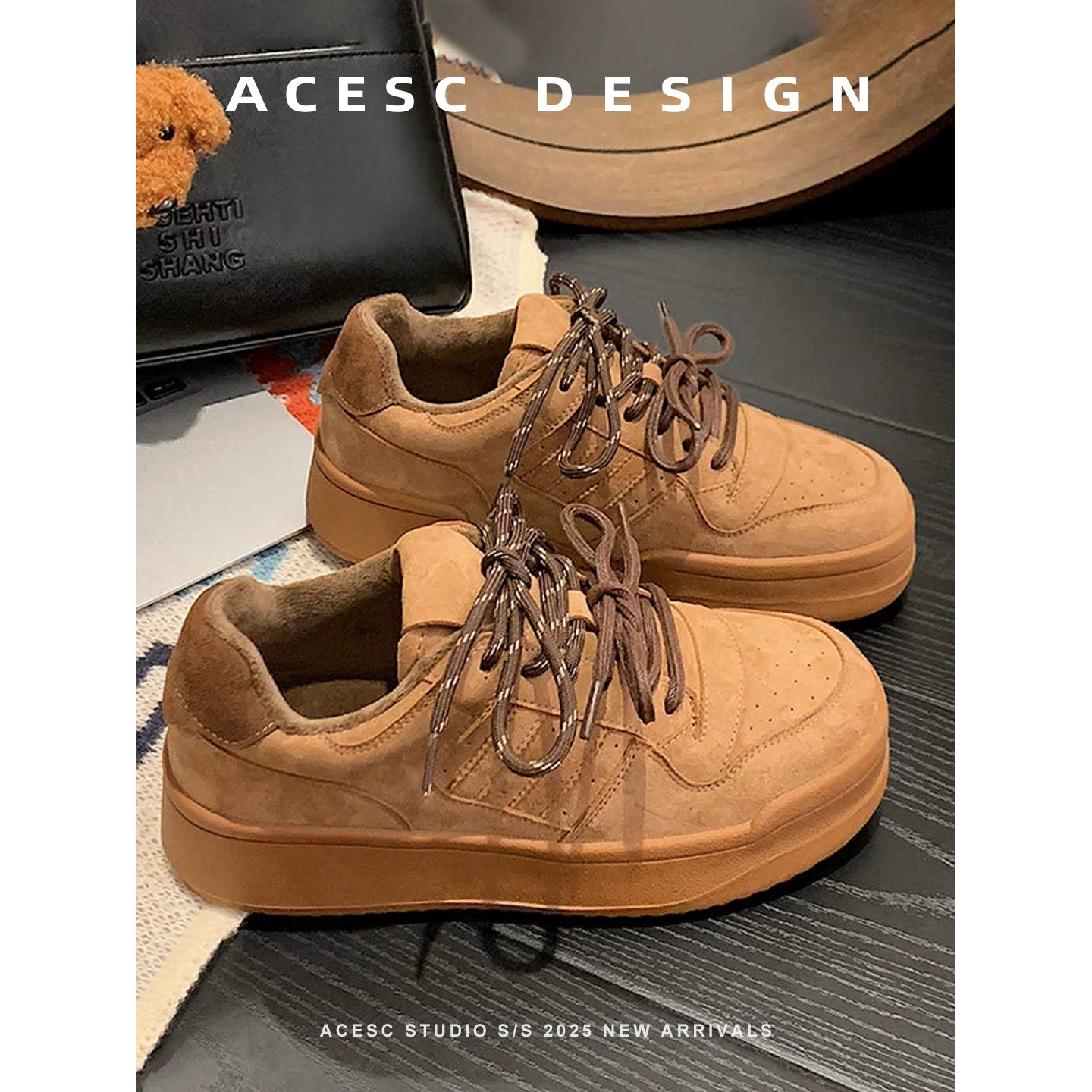 欧洲站2025新款真皮德迅学院风平底加绒圆头系带休闲运动板鞋