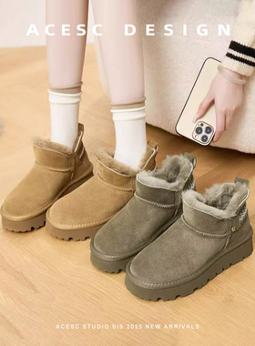 Acesc/艾斯臣2025冬季新款雪地靴低帮厚底真皮真毛加绒保暖雪地棉