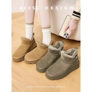 Acesc/艾斯臣2025冬季新款雪地靴低帮厚底真皮真毛加绒保暖雪地棉