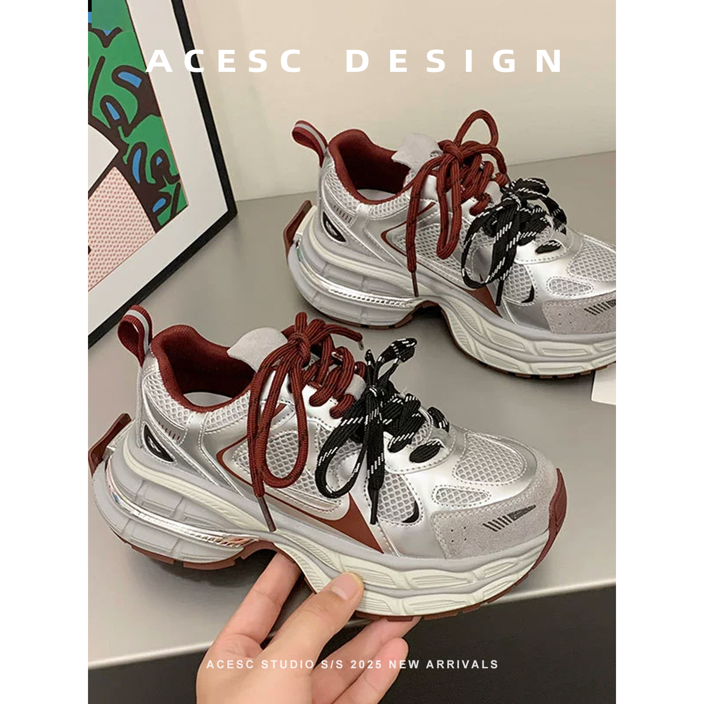 巴黎老爹鞋2025年新款绑带厚底松糕轻便运动鞋银色显瘦小个子女鞋