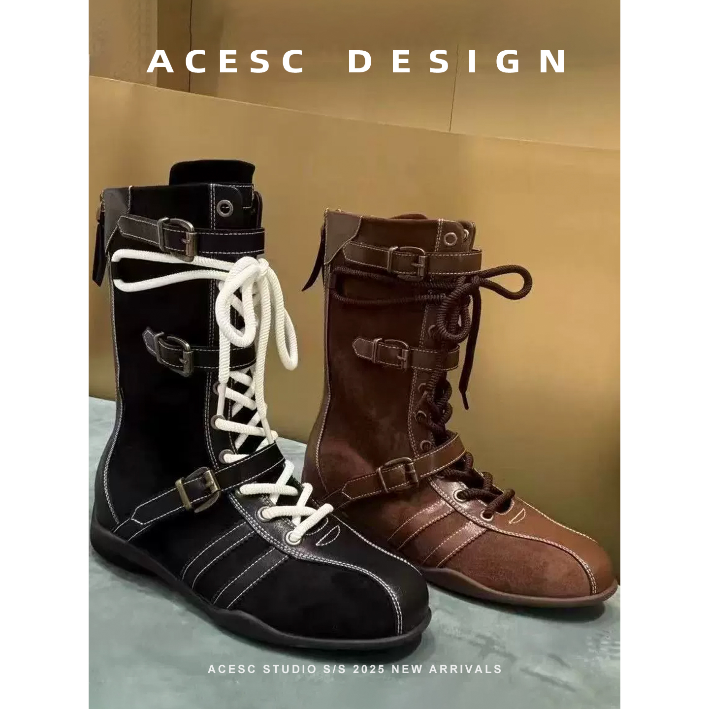 牛皮版复古拼色拳击靴女2025新款英伦风马丁靴厚底德训靴低筒短靴