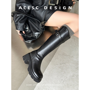 Acesc/艾斯臣2025秋新款骑士靴搭扣厚底增高轻便百搭不过膝靴长靴