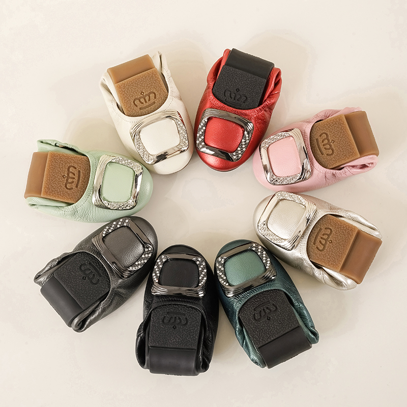 Acesc/艾斯臣牛筋底不累脚女鞋软皮芭蕾舞鞋方扣时尚防滑平底单鞋