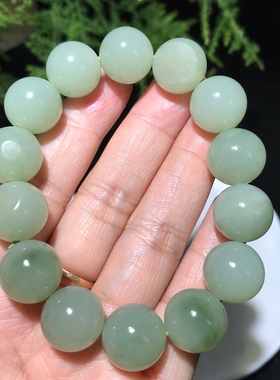 儒贤玉道新疆和田玉籽料翠青手串卡14翠色渐变男女单圈同款