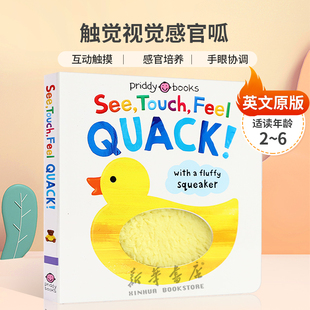 英文原版See, Touch, Feel: Quack ! 触觉视觉感官呱 一本吱吱作响的触摸和感觉书 互动触摸 感官培养 手眼协调纸板书2-6岁