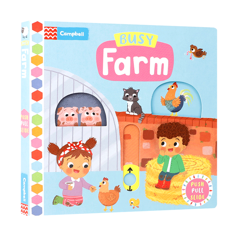 英文原版 Busy Farm 忙碌的农场亲子互动趣味推拉滑动机关操作书玩具纸板书儿童启蒙英语韵文绘本 锻炼宝宝小手肌肉发育 3-6岁