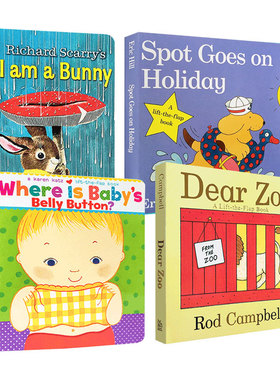 送音频英文原版4册绘本Where's Spot?/i am a bunny/Where Is Baby's Belly Button/dear zoo 0-3岁幼儿启蒙早教纸板翻翻童书