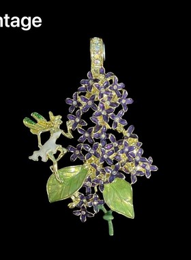 新vintage中古风时尚高级感 重工镶嵌紫色丁香花蝴蝶精灵磁吸吊坠