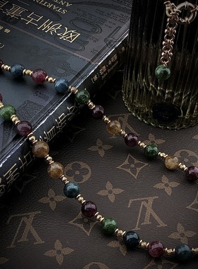 中古Vintage 复古时尚大气多彩宝石串连红绿碧玺套装项链手链耳饰