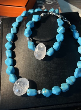 中古vintage 简约时尚文艺气质蓝色松石随形不规则套装项链手链
