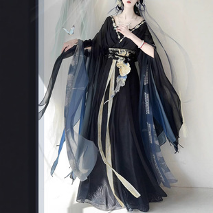 原创汉服女魏晋南北朝超仙破袖绣花齐腰齐胸襦裙春夏闺蜜雅黑套装