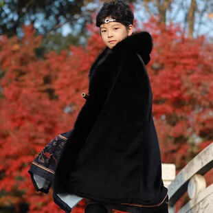 儿童汉服披风男童古风斗篷冬季保暖加绒女童加厚大氅披肩外出披肩