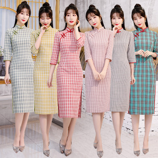 特价清仓春秋季棉格子旗袍中长款文艺复古改良女古风七长袖连衣裙