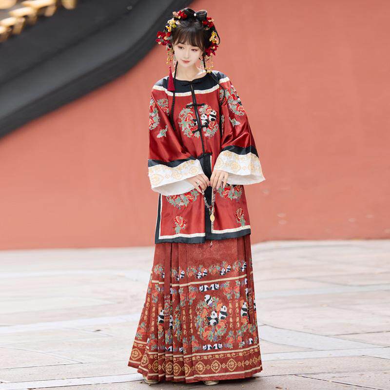 新款国宝熊猫原创清汉女套装清朝宫廷国风重工刺绣清代服饰改良款