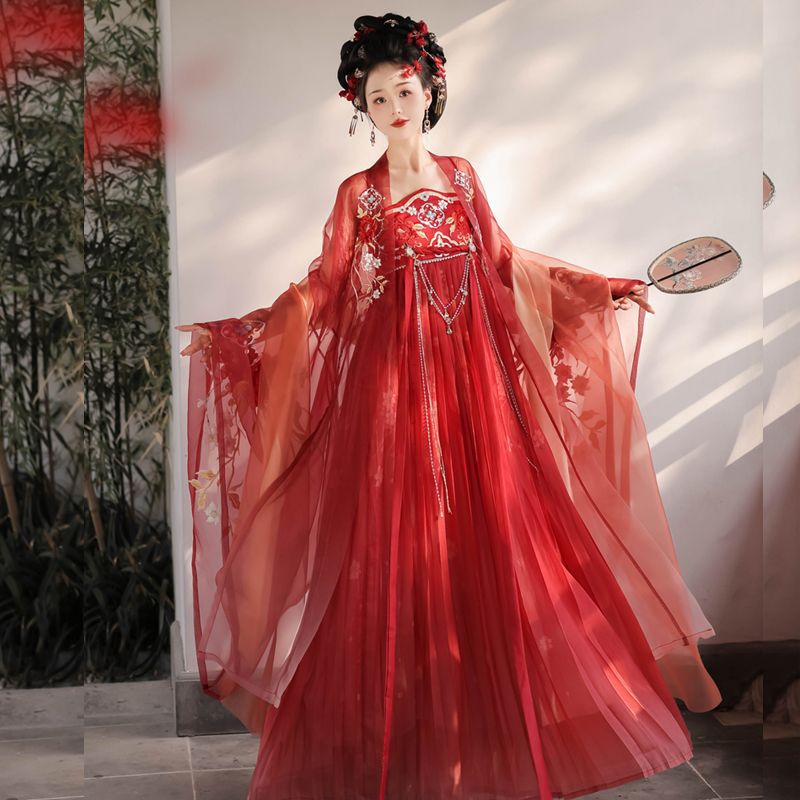 唐制汉服女中国风齐胸襦裙红古装