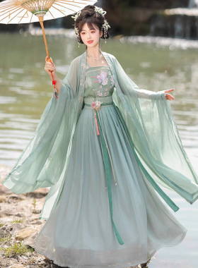 原创诃子裙汉服女2026绿色唐制广袖流仙裙仙气飘飘改良连衣裙古装