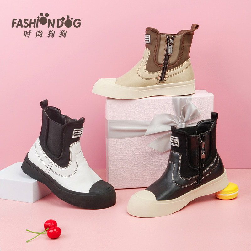 时尚狗狗童鞋女童短靴2025秋季新款单靴小女孩防滑撞色儿童马丁靴