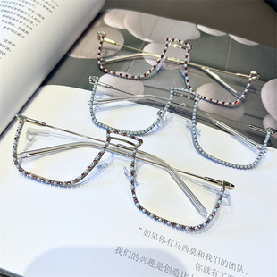 新款镶钻眼镜框下半框装饰眼镜欧美时尚前卫潮无片水钻女街拍眼镜
