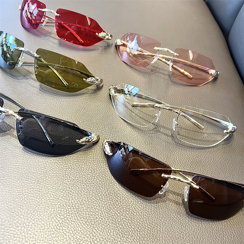 欧美长弧形曲面镜片无框墨镜